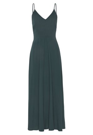 Robe longue sans manches vert foncé avec fines bretelles, décolleté en V, taille ajustée et jupe plissée fluide.