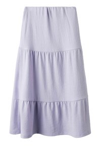 Jupe tiered de couleur lavande clair avec un design texturé et froncé. Présente une taille élastique et trois couches distinctes. Fini lisse.
