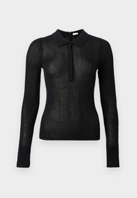 Μαύρο, μακρυμάνικο εφαρμοστό πλεκτό τοπ με διάφανη υφή και μονόχρωμο γιακά, με κουμπότρυπες μπροστά, παρουσιάζεται σε απλό φόντο.