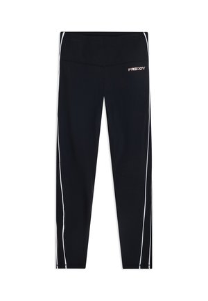 Leggings negros de largo completo con rayas blancas en los lados y un pequeño logo "FREDDY" en la parte superior del muslo izquierdo.