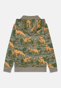 Grønn hettegenser med oransje dinosaurgrafikk. Har et teksturert mønster av forskjellige dinosaurer og landskap.