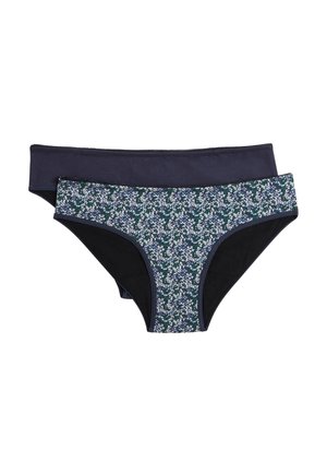 Deux paires de sous-vêtements pour femmes : l'une unie en bleu marine, l'autre avec un motif floral vert, blanc et bleu sur un fond sombre. Tissu en coton doux.