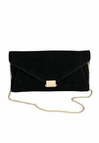 Black suede clutch with a gold chain strap, featuring an envelope design and a gold hardware closure at the front. Smooth texture.