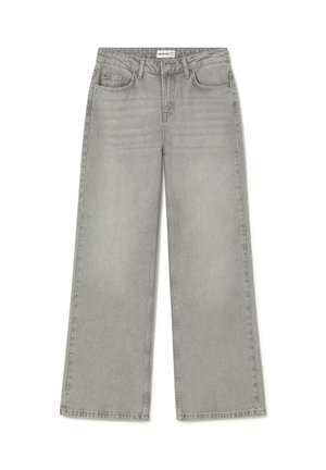 Jeans de pierna ancha en color gris con cintura alta, confeccionados en tela de mezclilla. Incluyen bolsillos delanteros, cierre con botón y detalles sutiles de costura.