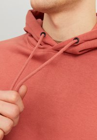 Sudadera con capucha en tela coral suave. Presenta cordones con ojales de metal negro y una textura lisa. Vista detallada del área del cuello.