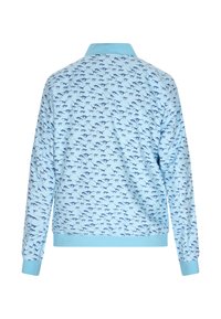 Lys blå sweatshirt med et gentaget mørkeblåt dyreprint. Den har en krave, ribbede manchetter og en afslappet pasform.