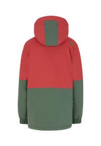 Hooded Jacke mit rotem oberen und grünem unteren Abschnitt, elastischen Bündchen und einem Markenlogo auf der Rückseite. Glattes, leichtes Material.