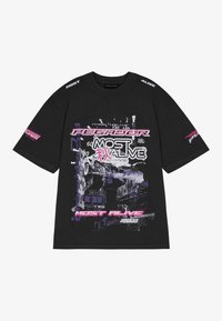 Black cotton t-shirt with a loose fit, featuring graphic prints in pink, purple, and white. Notable text includes "PEGADOR" and "MOST ALIVE."