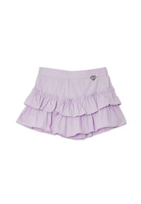 Gonna lilla a balze con tre livelli, vita elastica e accentuazione a forma di cuore sul lato. Realizzata in tessuto leggero con una texture liscia.