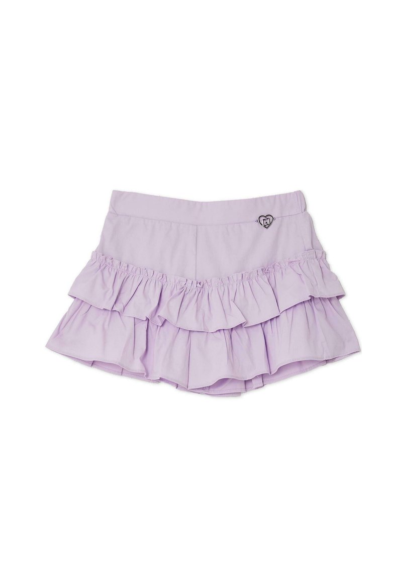 Gonna lilla a balze con tre livelli, vita elastica e accentuazione a forma di cuore sul lato. Realizzata in tessuto leggero con una texture liscia.