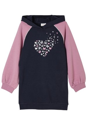 Mørkeblå hætte sweatshirt med pink ærmer, der har et hjerteformet design lavet af multicolor sommerfugle og sølv detaljer. Lavet af bomuldsstof.