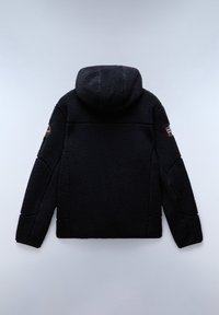 Black fleece jacket with a hood, featuring textured fabric, side pockets, and a patch on the left sleeve.