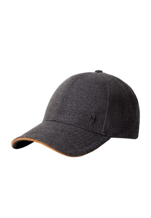 Dark gray fabric baseball cap with a small black "H" on the side and a brown trim along the edge of the curved brim.
