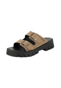 Sandali slide in suede beige con due fibbie metalliche regolabili, suola platform nera imbottita e battistrada testurizzato per una migliore aderenza.
