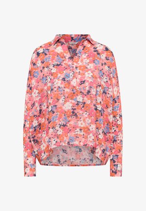 Langärmlige Bluse mit Kragen in einem lebhaften Blumenmuster in den Farben Pink, Orange, Blau und Lila. Weicher, leichter Stoff mit lässiger Passform.
