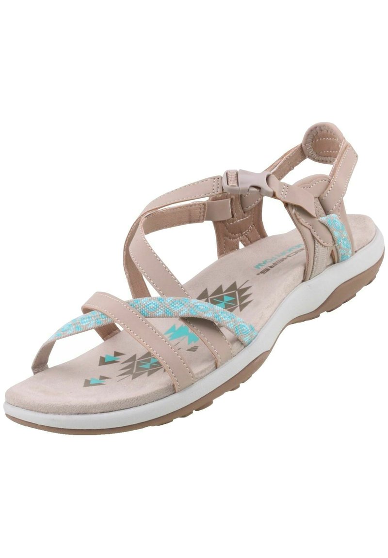 Sandale beige avec des sangles ajustables et un accent textile bleu à motifs. Semelle intérieure rembourrée et semelle en caoutchouc avec des motifs géométriques.