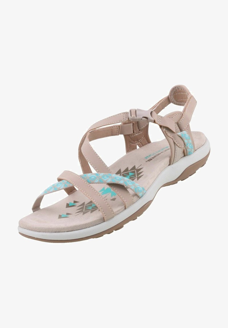 Sandalia beige con correas ajustables y un acento textil azul con estampado. Plantilla acolchada y suela de goma con diseños geométricos.