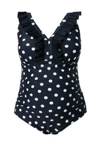 Maillot de bain une pièce bleu marine avec des pois blancs, col froncé et tissu plissé pour un design ajusté. Sans ornements supplémentaires.