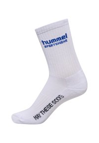 Hvide sportsstrømper med blå "hummel"-mærketekst på skaftet og teksten "MAY THESE SOCKS" trykt i sort på foden. Ribbet tekstur.