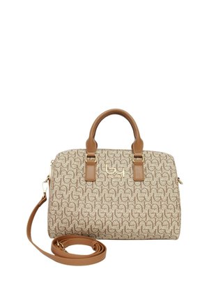 Borsa beige e marrone con motivo a fantasia, due manici corti, logo dorato e tracolla lunga staccabile arrotolata davanti.