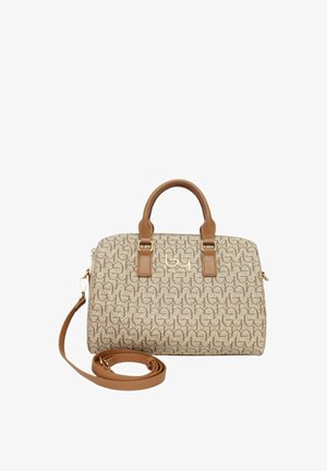 Borsa beige e marrone con motivo a fantasia, due manici corti, logo dorato e tracolla lunga staccabile arrotolata davanti.