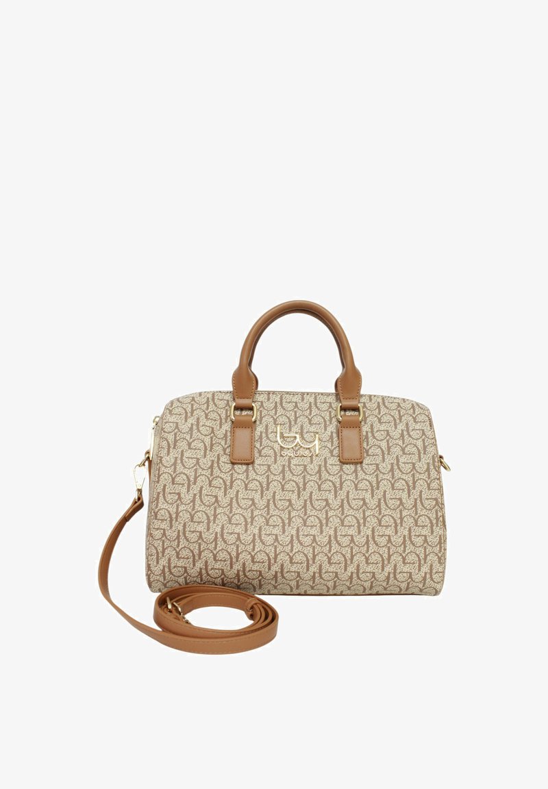 Borsa beige e marrone con motivo a fantasia, due manici corti, logo dorato e tracolla lunga staccabile arrotolata davanti.