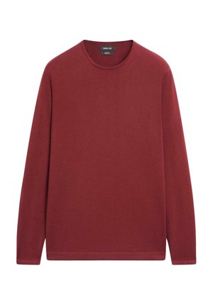 Bordeauxfarbener Pullover mit Rundhalsausschnitt und langen Ärmeln, aus weichem Stoff, mit einem kleinen Markenetikett im Nackenbereich.