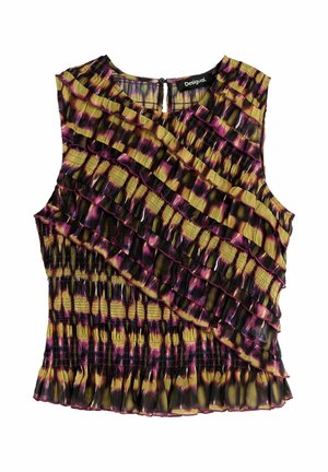 Bezrekawnik plisowany z ukośnymi falbanami w kolorze żółtym, czarnym i fioletowym w efekt tie-dye, z okrągłym dekoltem i zapięciem na guziki z tyłu.