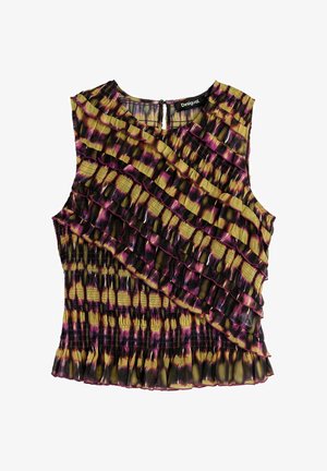 Bezrekawnik plisowany z ukośnymi falbanami w kolorze żółtym, czarnym i fioletowym w efekt tie-dye, z okrągłym dekoltem i zapięciem na guziki z tyłu.