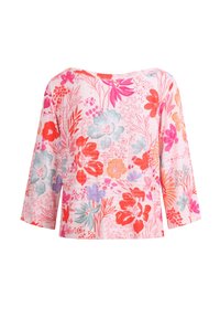 Top floreale in rosa chiaro con fiori rossi, blu e viola. Presenta maniche tre quarti e una vestibilità rilassata. Tessuto morbido e leggero.