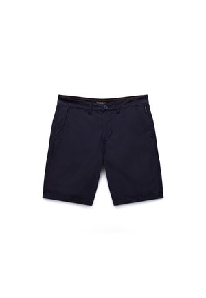 Dunkelblaue Shorts aus leichtem Stoff, mit Knopfverschluss, zwei Vordertaschen und geradem Bein mit schlichter Naht.