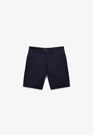 Dunkelblaue Shorts aus leichtem Stoff, mit Knopfverschluss, zwei Vordertaschen und geradem Bein mit schlichter Naht.