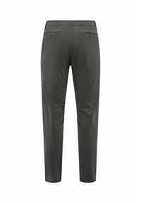 Dunkelgraue Hose mit glatter Textur, geradem Schnitt, zwei Gesäßtaschen und Knopf-Akzenten. Keine sichtbaren Details vorne.