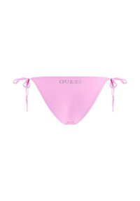 Slip bikini rosa con lacci laterali regolabili. Presenta il logo "GUESS" stampato in argento sul davanti, realizzato in tessuto liscio e elasticizzato.