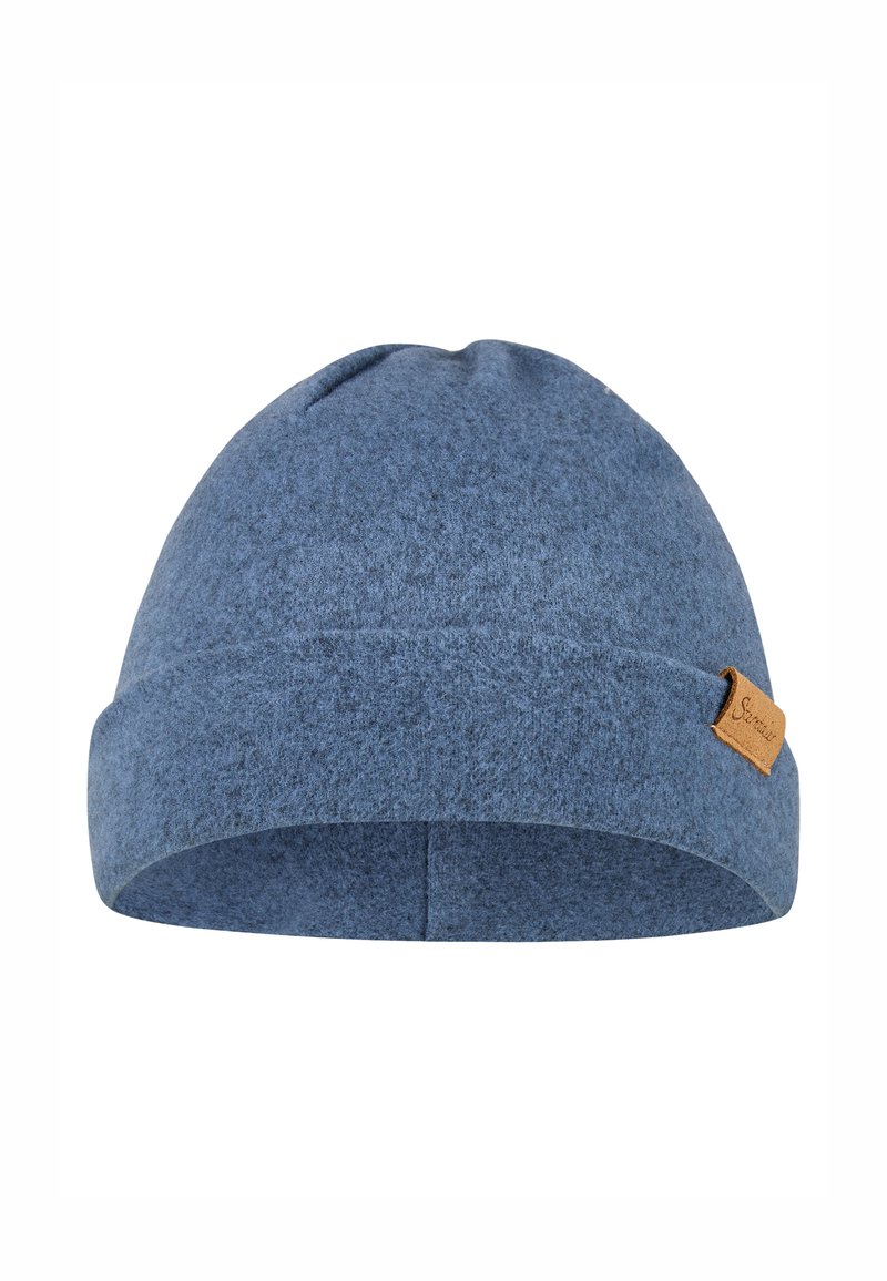 Blue felt beanie with a turned-up cuff and a small leather tag on the side, featuring a smooth texture and rounded crown design.