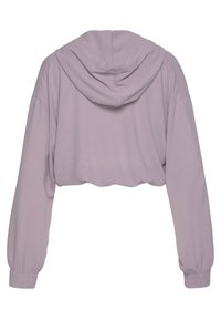 Kort hoodie i mjukt lila tyg, med huva, nedsänkt axel och elastiska mudd. Mjuk textur med minimala sömmar.