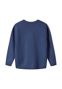 Navy blue sweater with long sleeves, crew neck, ribbed hem and cuffs. Smooth texture, simple design, no visible patterns or accents.