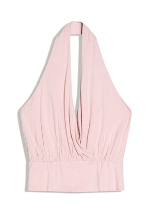 Hellrosa Neckholder-Top mit tiefem V-Ausschnitt, gerafftem Stoff an der Taille und breitem Bund am unteren Rand, flach auf weißem Hintergrund gelegt.