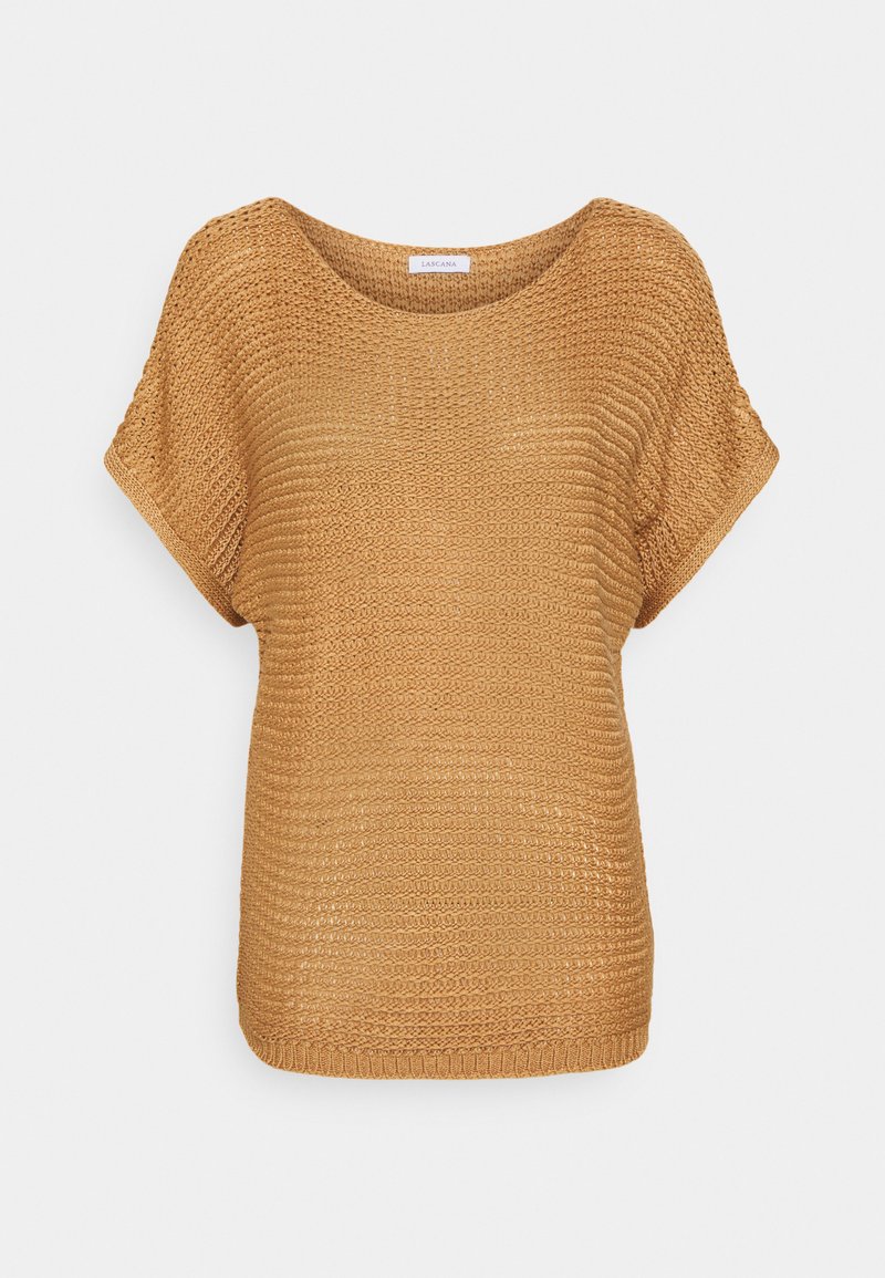 Kurze Ärmel, gestricktes Oberteil in einem warmen, goldbraunen Farbton. Verfügt über einen weit ausgeschnittenen Halsausschnitt, lockere Passform und ein strukturiertes Muster im gesamten Stoff.