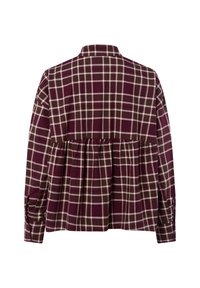 Koszula w kratę w kolorze Bordeaux z luźnym krojem, plisowanym tyłem i mankietami z długimi rękawami. Główne kolory to burgund, brąz i jasny róż.