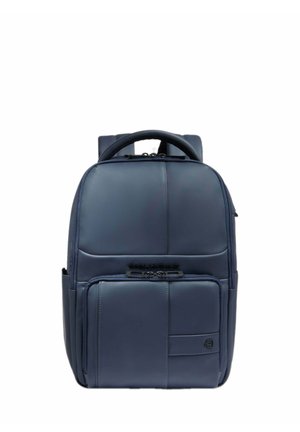 Sac à dos compact bleu marine avec poche avant zippée, poignée rembourrée et matériau synthétique lisse.