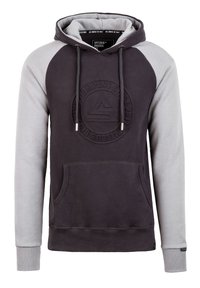 Grijs en donkergrijs pullover hoodie met een grote voorkantzak, trekkoordkap en reliëf ronde logo detail op de borst.
