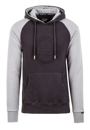 Gray and dark gray pullover hoodie with a large front pocket, drawstring hood, and embossed circular logo detail on the chest.