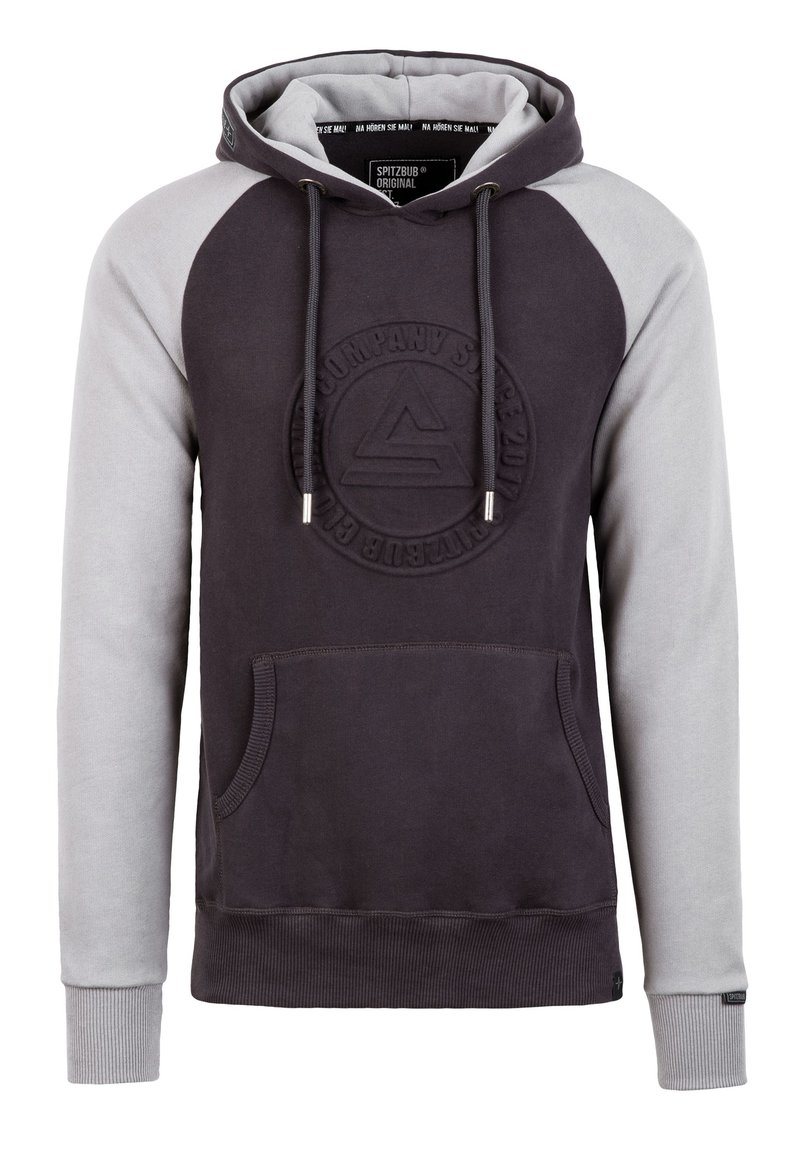 Grijs en donkergrijs pullover hoodie met een grote voorkantzak, trekkoordkap en reliëf ronde logo detail op de borst.