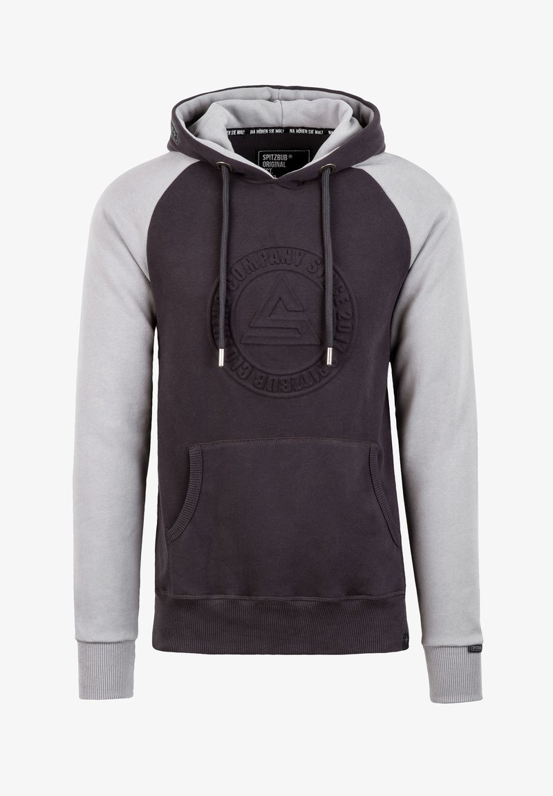 Grijs en donkergrijs pullover hoodie met een grote voorkantzak, trekkoordkap en reliëf ronde logo detail op de borst.