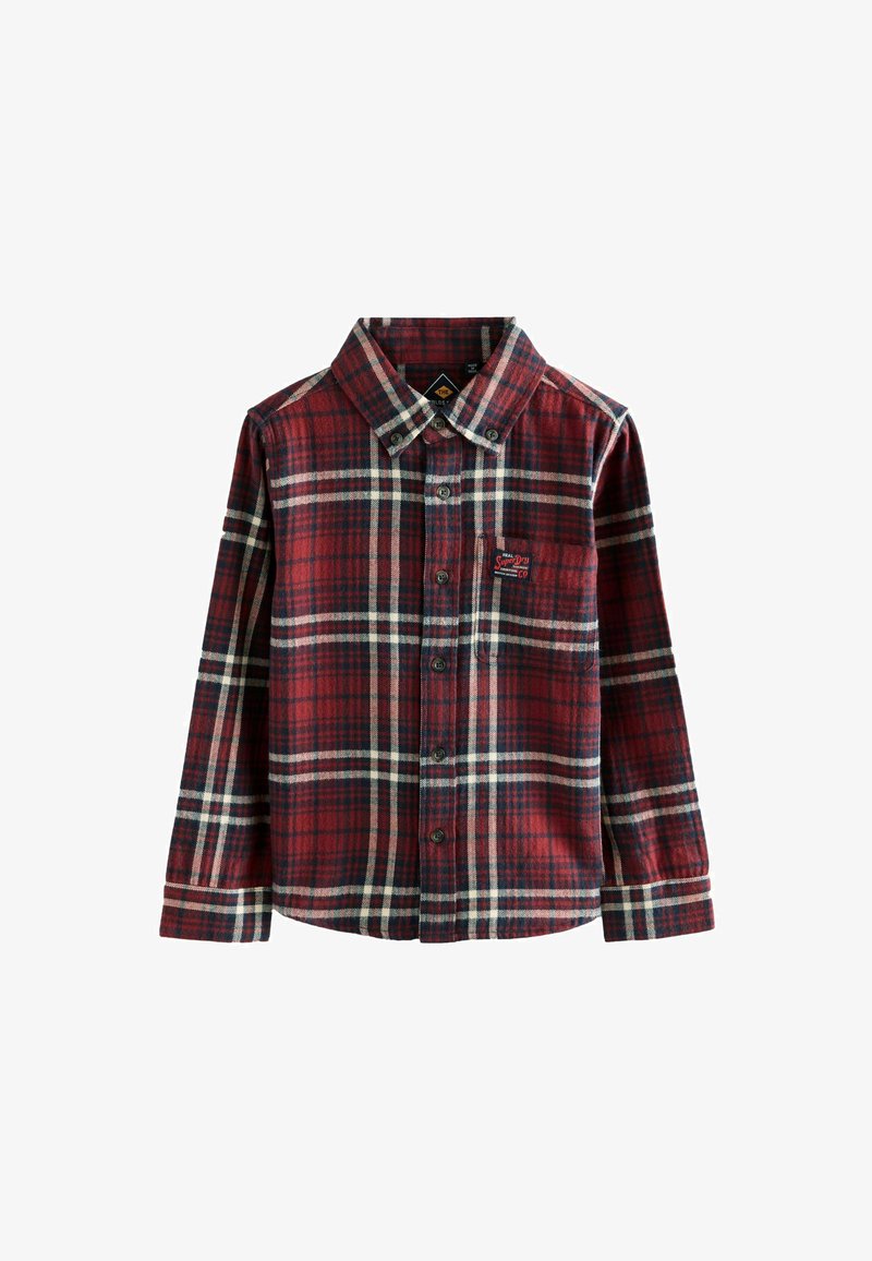 Rdeča in temno modra karirasta srajca z dolgimi rokavi, z gumbom pritrjeno ovratnico in SuperDry logotipom na žepu na prsih.