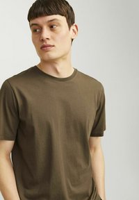 Brown cotton t-shirt with short sleeves, crew neckline, and smooth texture. Simple design, no visible patterns or logos.