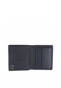 Portefeuille en cuir noir bifold ouvert, montrant plusieurs emplacements pour cartes à gauche et une poche à monnaie avec rabat à droite.