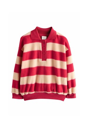 Felpa a maniche lunghe in pile con ampie strisce orizzontali rosse e beige, collo rosso, abbottonatura a tre bottoni e polsini e orlo a costine.