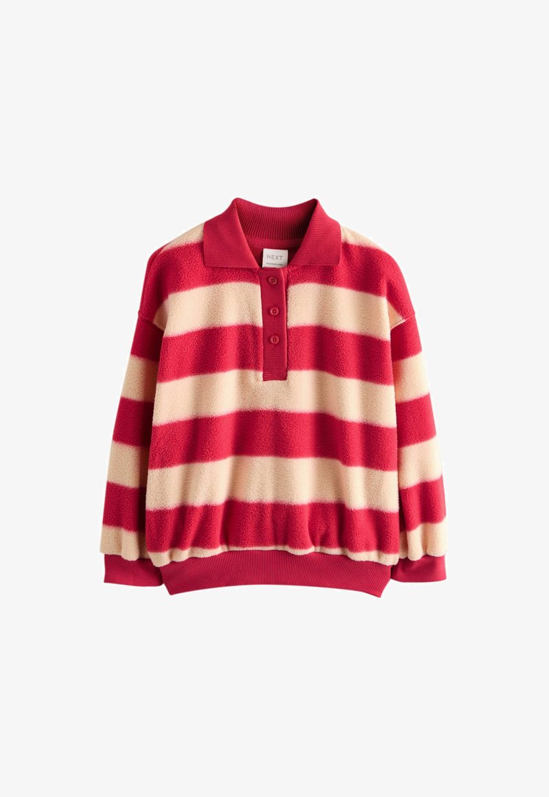 Bluza z polaru z długim rękawem, szerokimi poziomymi czerwonymi i beżowymi paskami, czerwonym kołnierzem, rozpięciem na trzy guziki oraz ściągaczami na mankietach i u dołu.